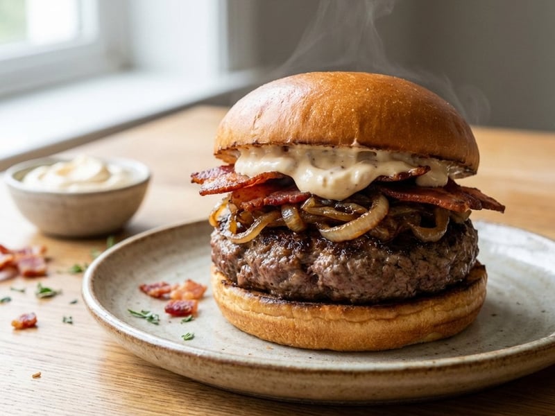 Gegrillter Hamburger mit karamellisierten Zwiebeln und geräucherter Mayonnaise