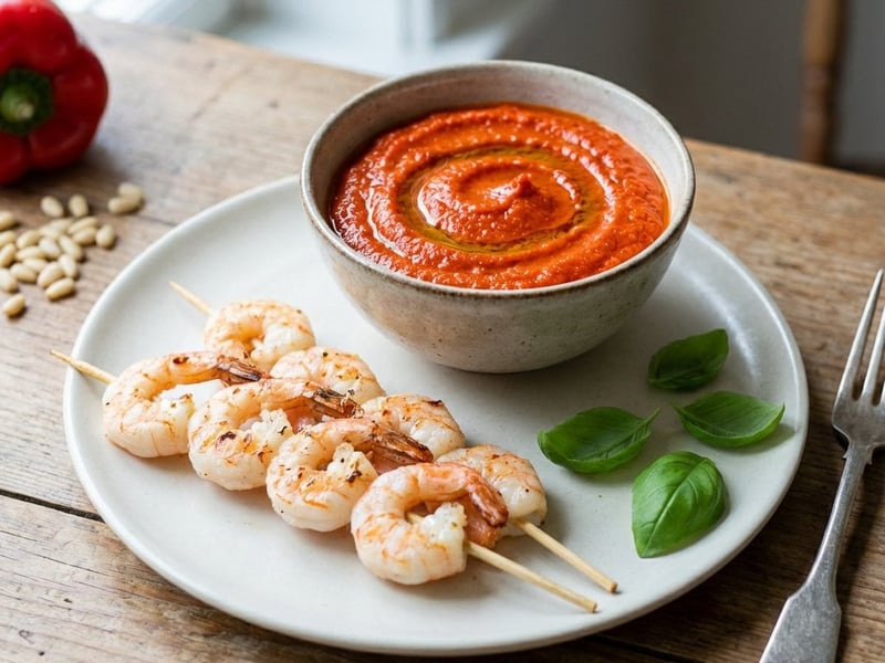 Rotes Pesto aus gegrillten Paprikas mit Tomaten und gegrillten Garnelen