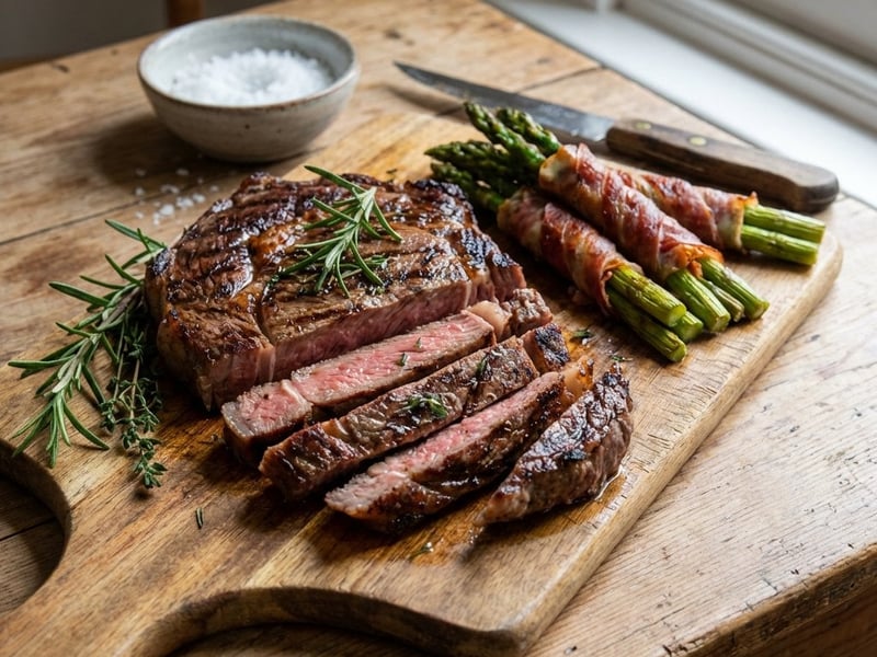 Gegrilltes Ribeye-Steak mit Baby-Spargel im Schinkenmantel