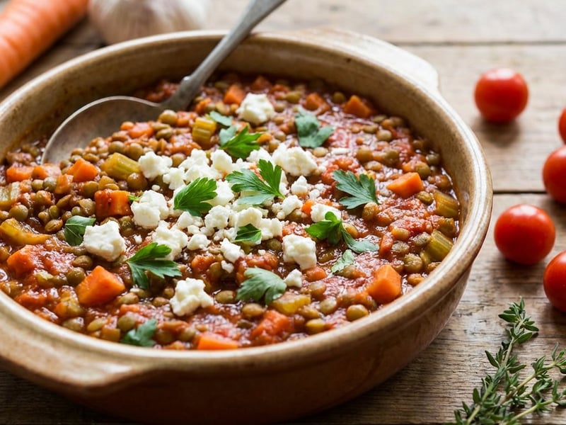 Überbackene Linsen mit Röstgemüse und Feta