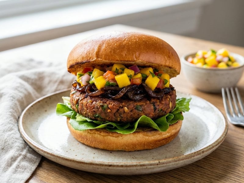 Veganer Burger mit Mango-Salsa und karamellisierten Zwiebeln