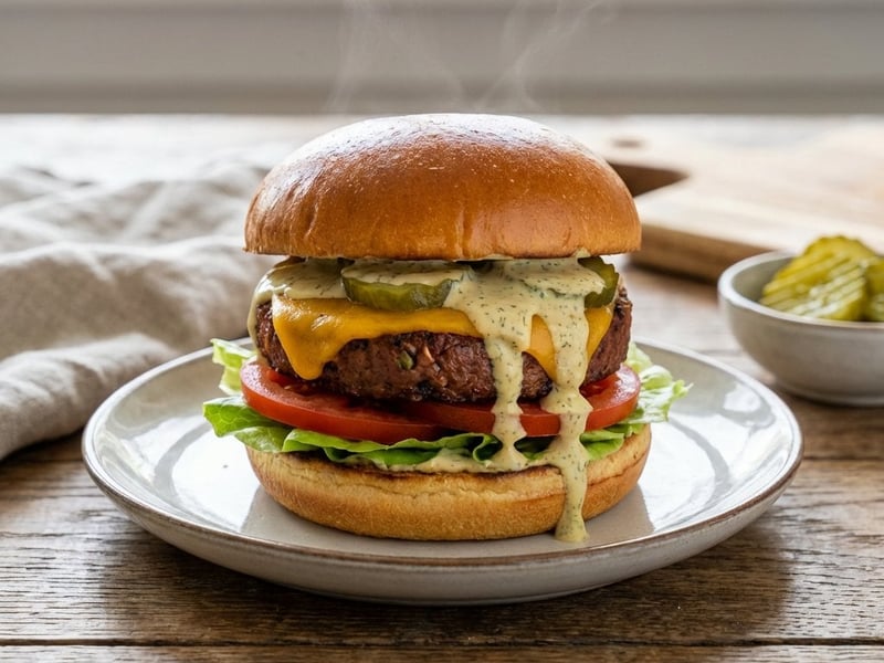 Veganer Burger mit Senf-Dill-Dressing
