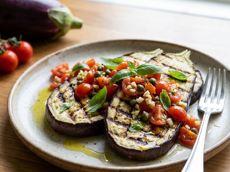 Gegrillte Aubergine mit Vinaigrette und Tomaten