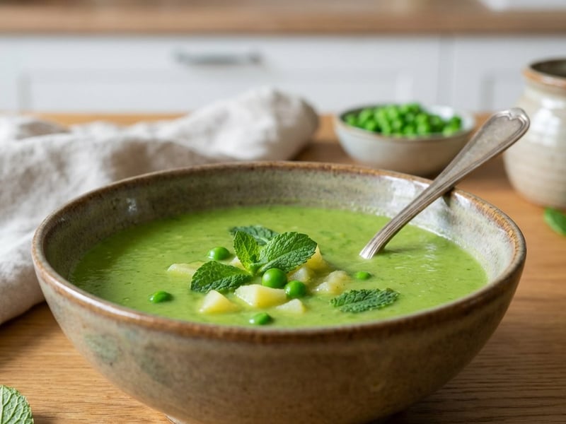 Erbsensuppe mit Minze und Kartoffeln