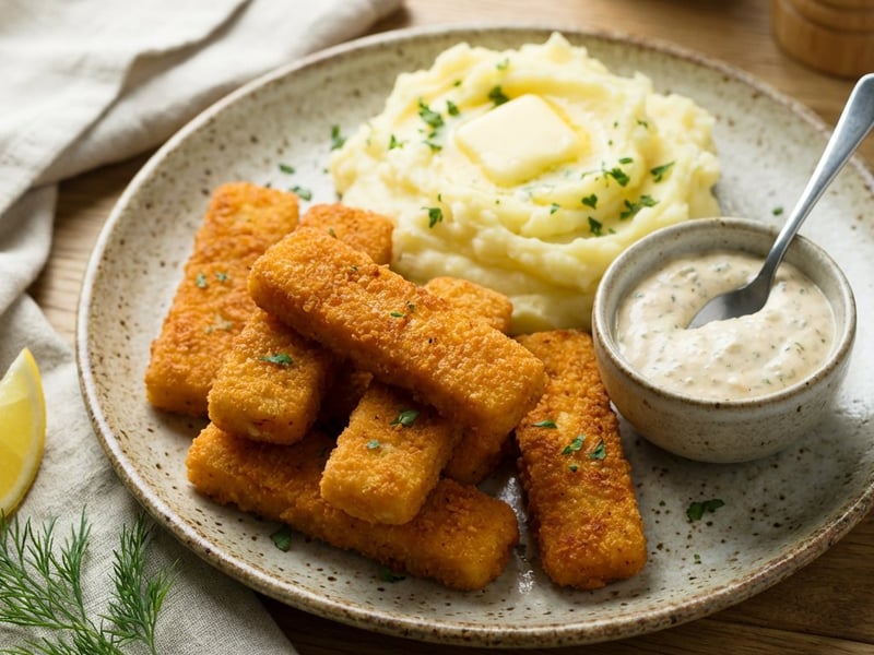 Hausgemachte Fischstäbchen mit Kartoffelpüree