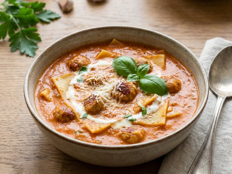 Lasagne-Suppe mit Rindfleischbällchen | Herzhaft & Cremig