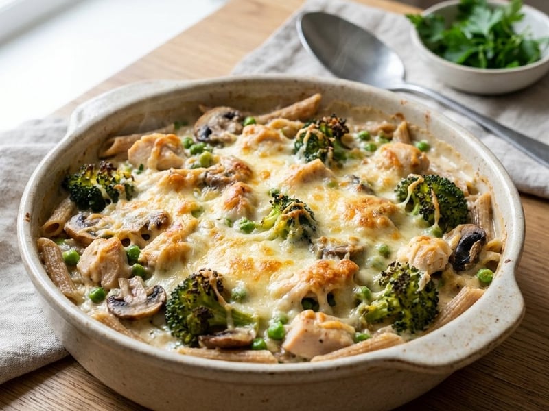 Überbackene Vollkornnudeln mit Hähnchen und Brokkoli
