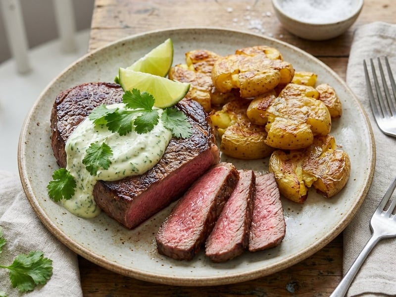 Eye Round Steak mit Quetschkartoffeln und Koriander-Mayonnaise