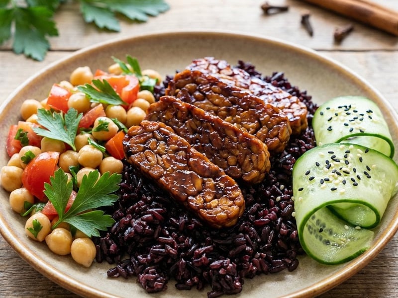 Karamellisierter Tempeh mit schwarzem Reis und Kichererbsen