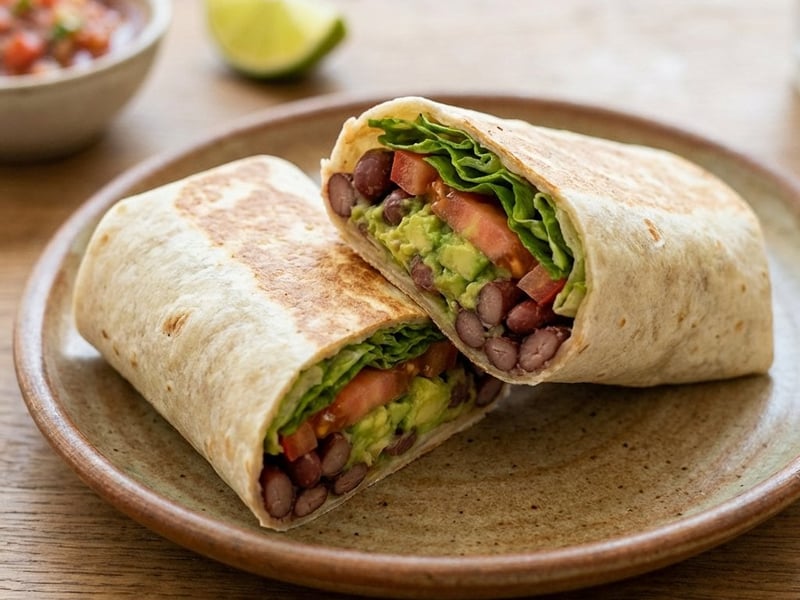 Bohnen-Burrito mit Avocado und frischem Salat
