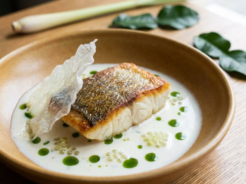 Kabeljau mit Tom Kha Sauce und Limettenkaviar