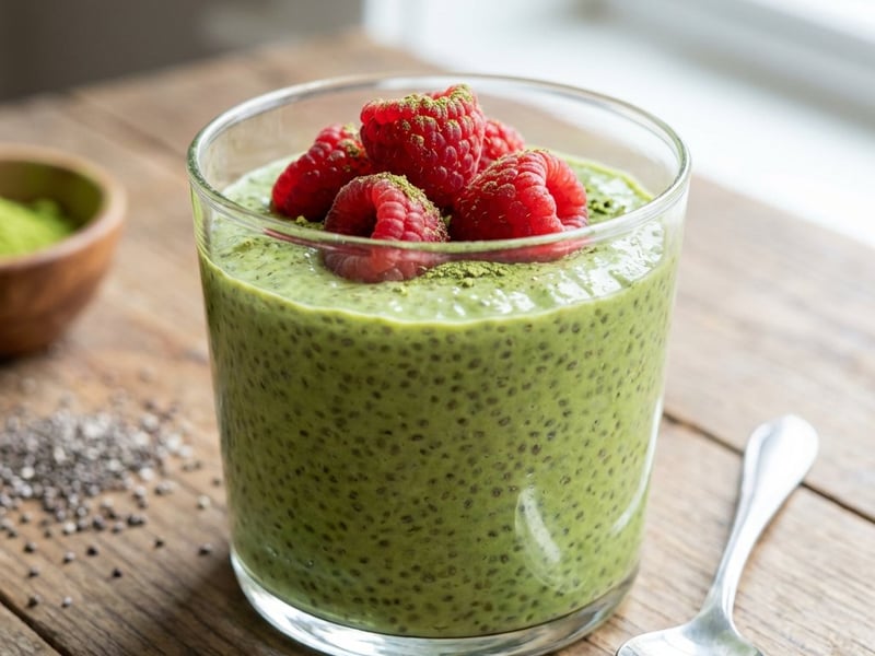 Matcha-Chia-Pudding mit frischen Himbeeren