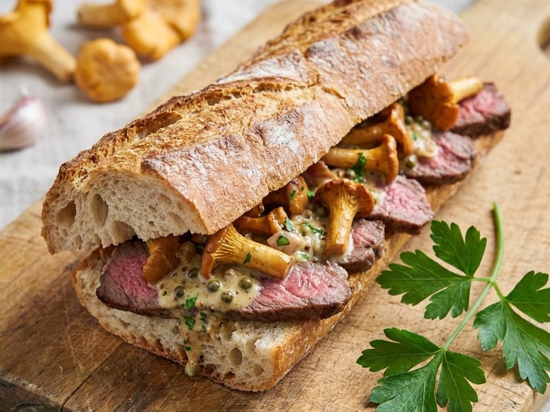 Rib-Eye-Steak-Sandwich mit Pfifferlingen