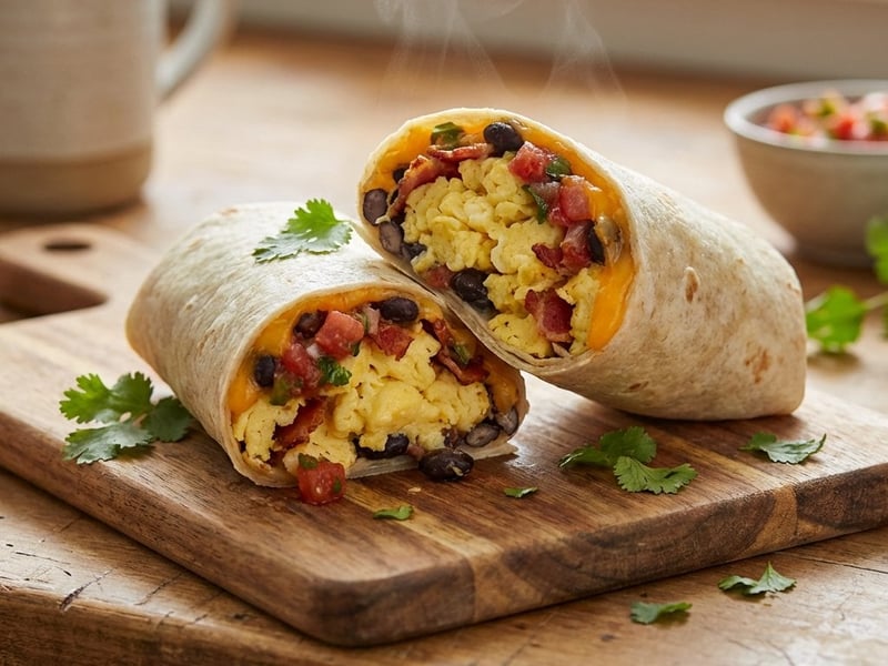 Herzhafter Frühstücks-Burrito mit Speck & Cheddar