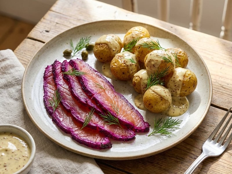 Gravad Lax mit Roter Bete und Senf-Kartoffeln