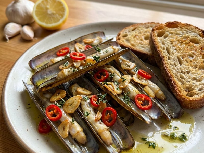 Gebackene Schwertmuscheln mit Knoblauch und Chili