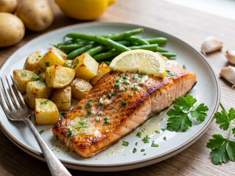 Lachs mit Knoblauchbutter, Kartoffeln und grünen Bohnen