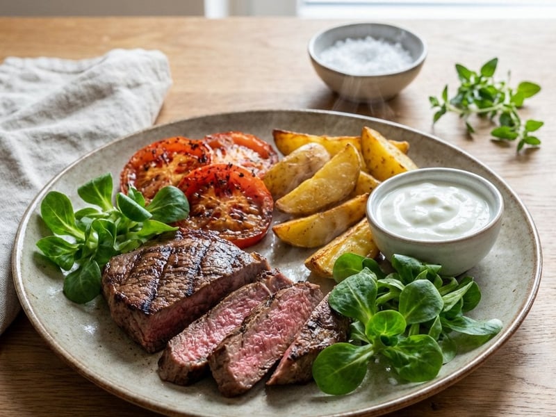 Gegrilltes Rumpsteak mit Kartoffeln und Joghurt-Dip