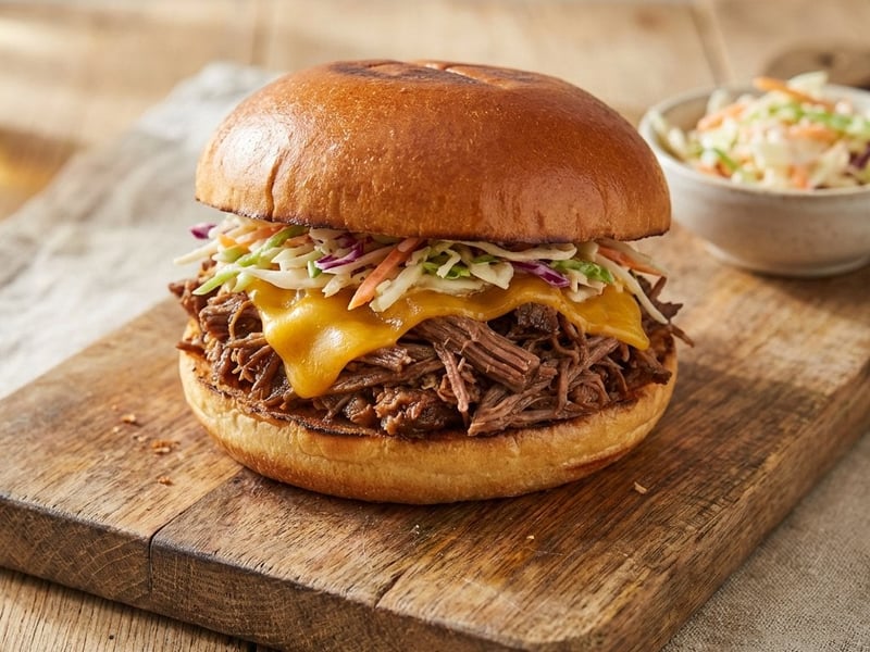 Saftiger Pulled Beef Burger mit Coleslaw