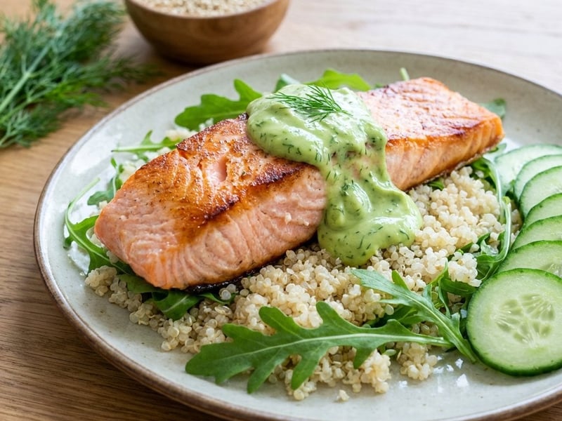Lachs mit Quinoa und Avocado-Dip | Fitness-Power-Bowl