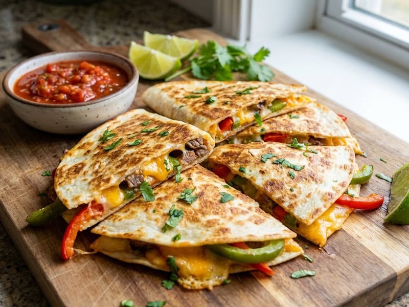 Steak-Quesadillas mit pikanter Sauce und Kräutern
