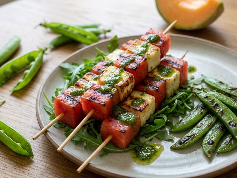 Gegrillte Melone mit Halloumi und Zuckerschoten
