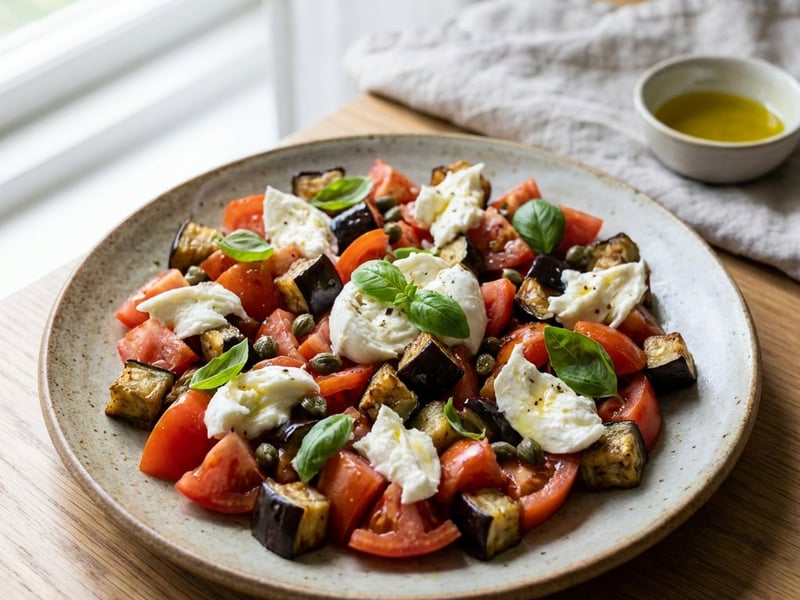 Tomato Salad with Roasted Eggplant and Mozzarella