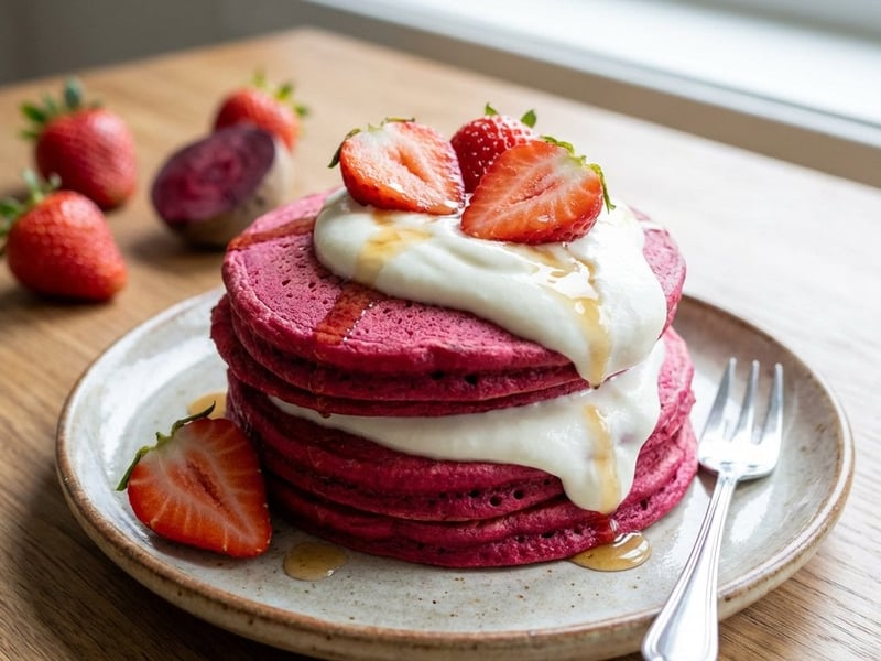 Rote-Bete-Pfannkuchen mit Quarkfüllung und Erdbeeren