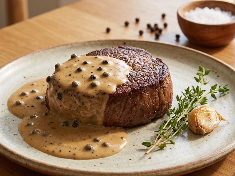 Saftiges Plant-based Steak mit Pfeffersauce