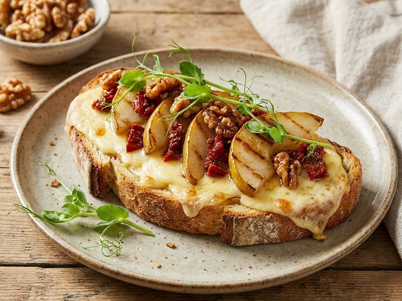 Toast mit Raclette, getrockneten Tomaten und gegrillter Birne