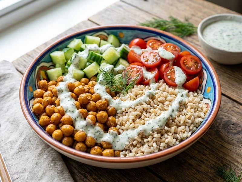 Bowl mit gerösteten Kichererbsen & Dill-Dressing