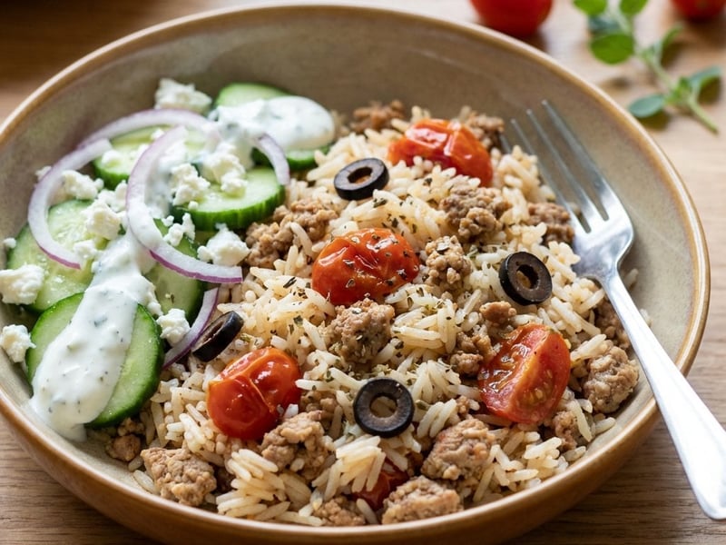 Griechische Reispfanne mit Putenhackfleisch