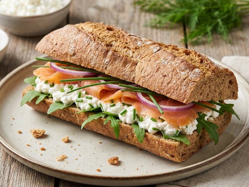Vollkorn-Sandwich mit Räucherlachs und Hüttenkäse