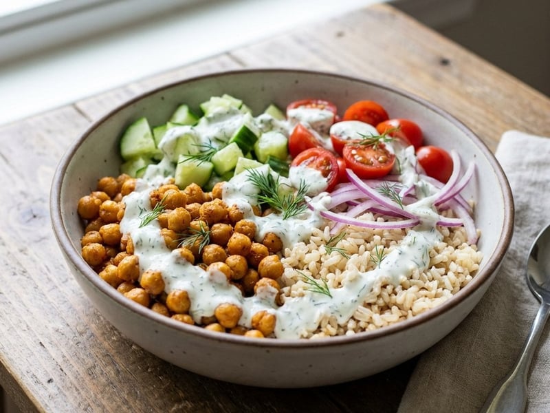 Bowl mit gerösteten Kichererbsen & Dill-Dressing
