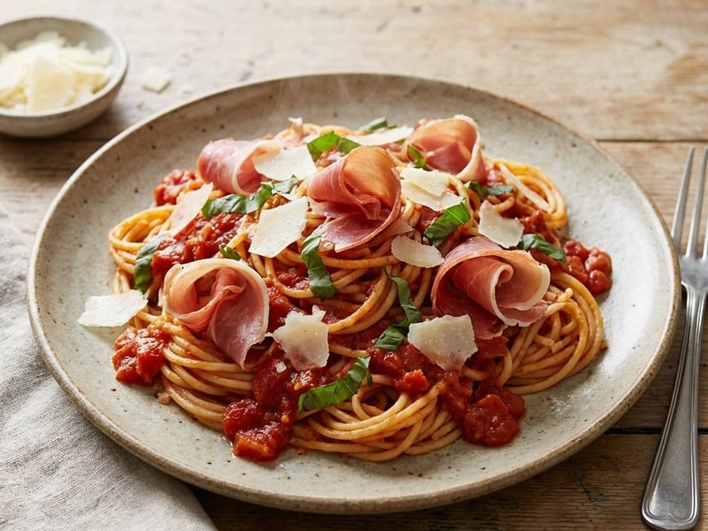 Vollkornspaghetti mit Tomatensauce und Serrano-Schinken
