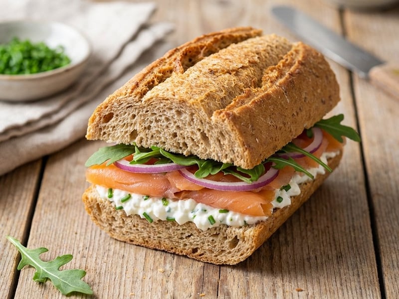 Vollkorn-Sandwich mit Räucherlachs & Hüttenkäse