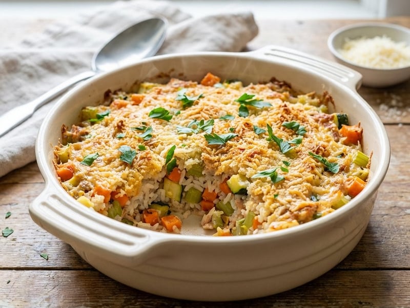 Überbackener Thunfisch mit Reis und Gemüse