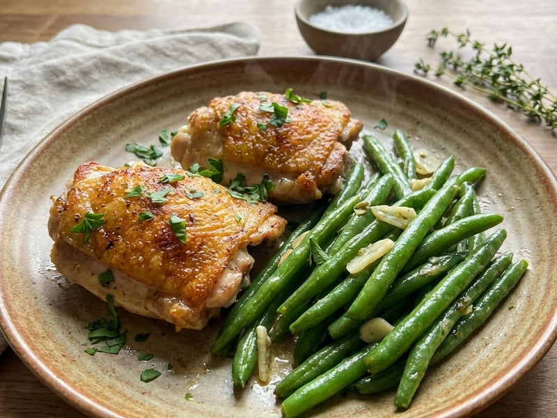 Saftige Hähnchenschenkel mit Knoblauchbohnen in Butter