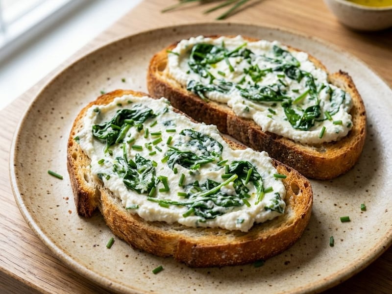 Toast mit geschlagener Ricotta und Spinat