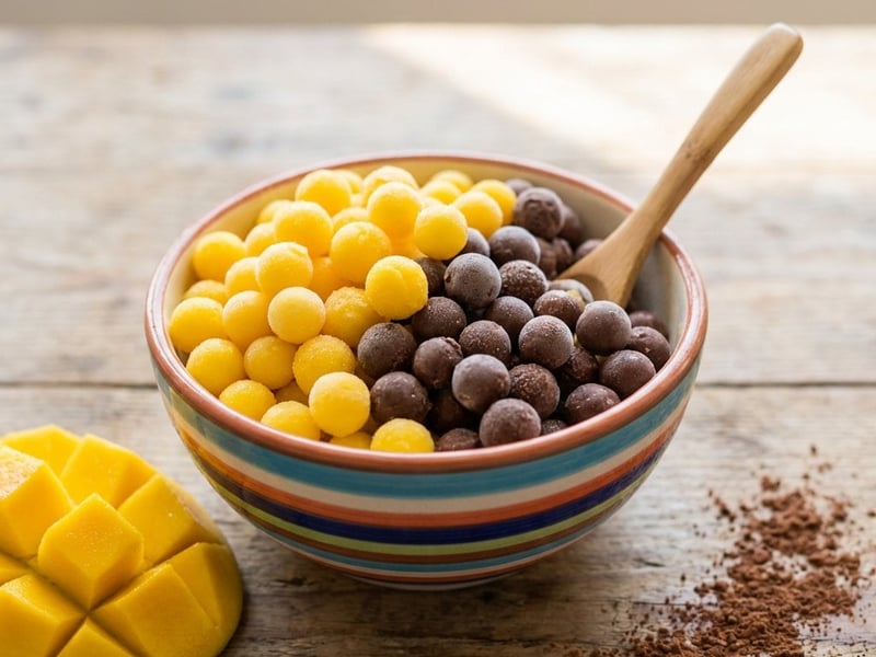 Bunte Joghurt-Eiskügelchen mit Mango & Schokolade