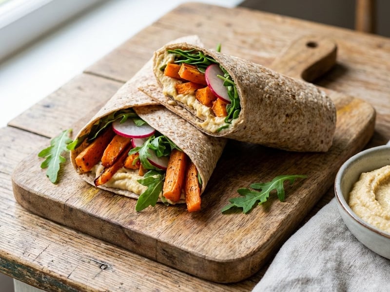 Vollkorn-Wraps mit gerösteten Karotten, Hummus und Rucola