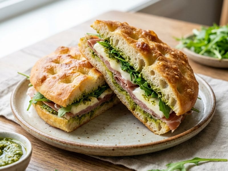 Focaccia-Sandwich mit Prosciutto und Pesto
