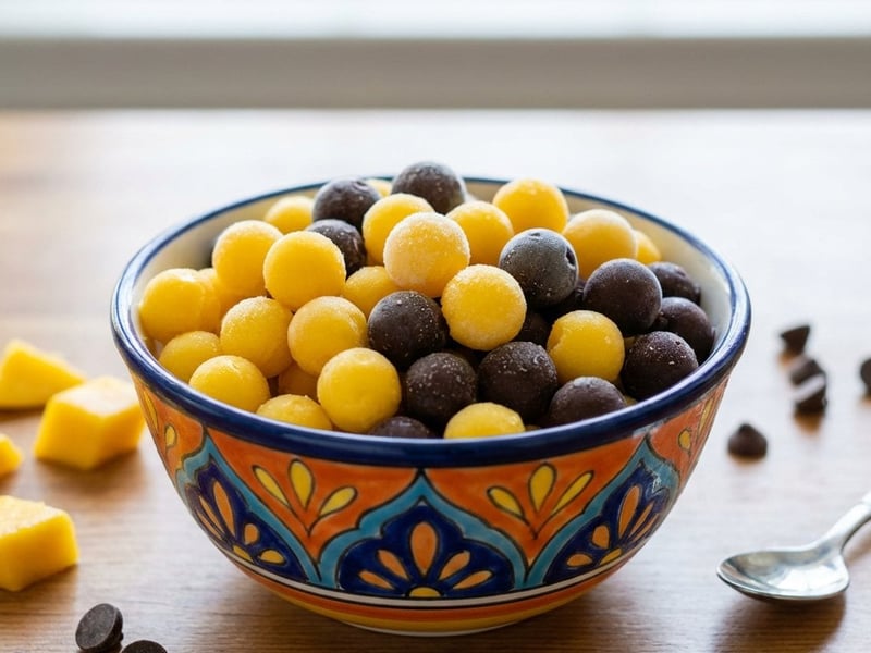 Selbstgemachtes Perleneis mit Mango und Schokolade