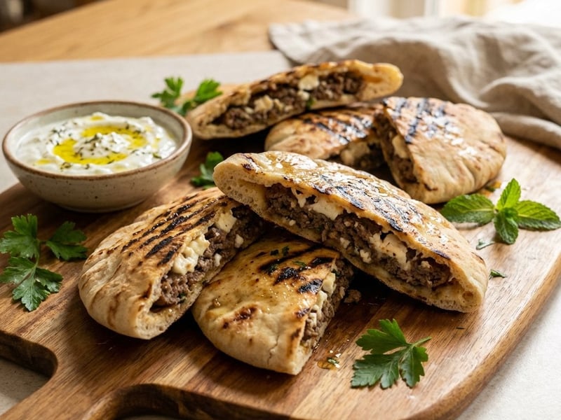 Arayes mit Rinderhackfleisch und Feta