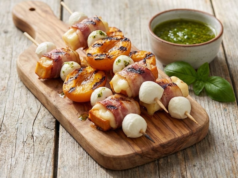 Gegrillte Aprikosenspieße mit Pancetta und geräuchertem Käse