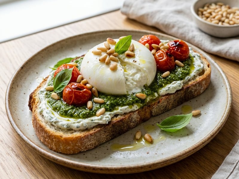 Frisches Brot mit Pesto, Burrata und Pinienkernen