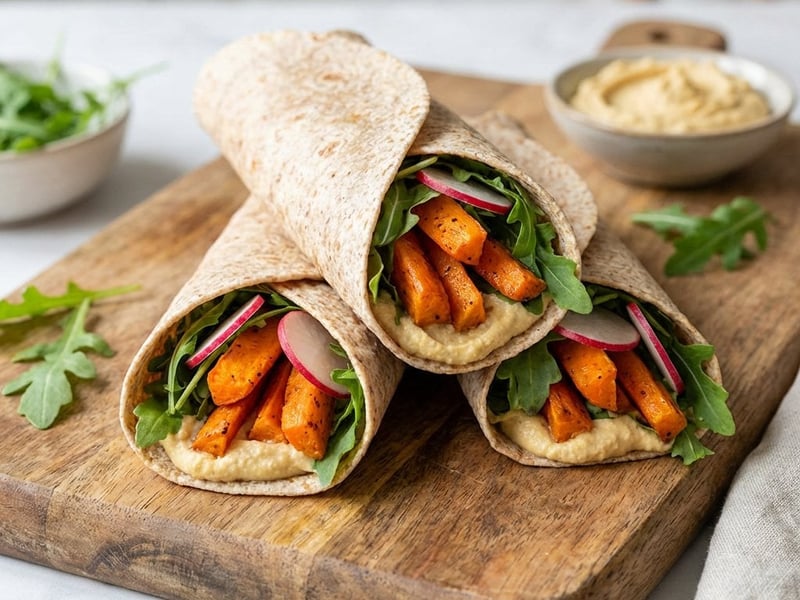 Vollkorn-Wraps mit gerösteten Karotten und Hummus