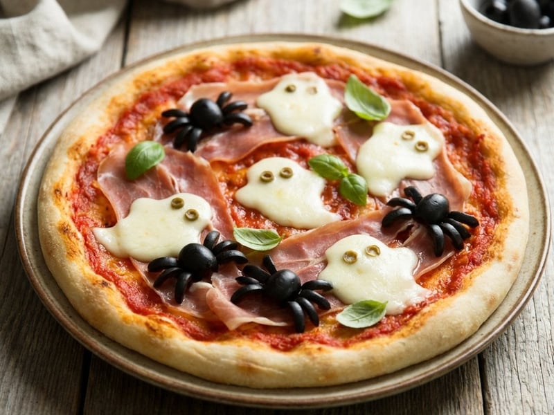 Gruselige Halloween-Pizza mit Mozzarella-Gespenstern