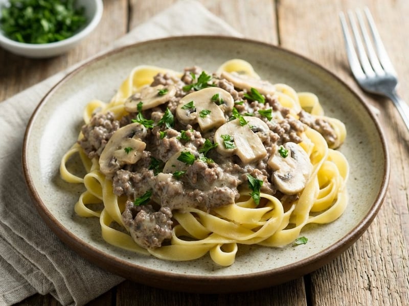 Rinderhackfleisch mit Champignons und Tagliatelle