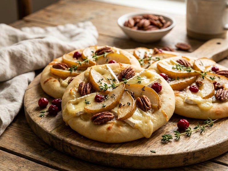 Mini-Pizzen mit Brie, karamellisierter Birne und Pekannüssen
